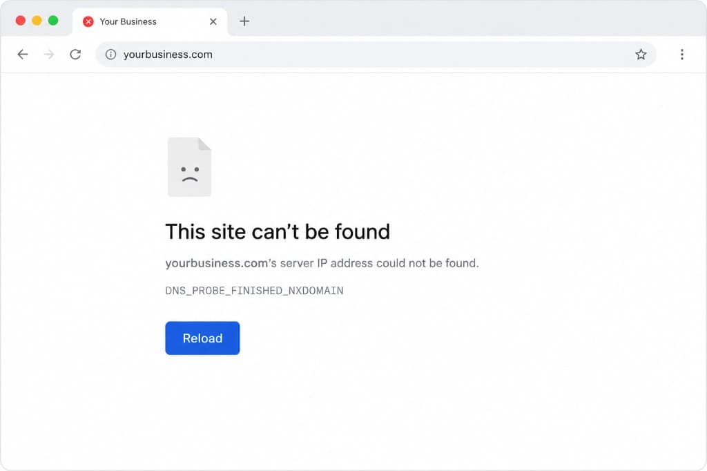 Browser showing that yourbusiness.com can't be found