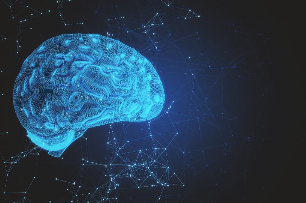 Glowing wireframe AI brain connected to a neural network, representing LLM and RAG development