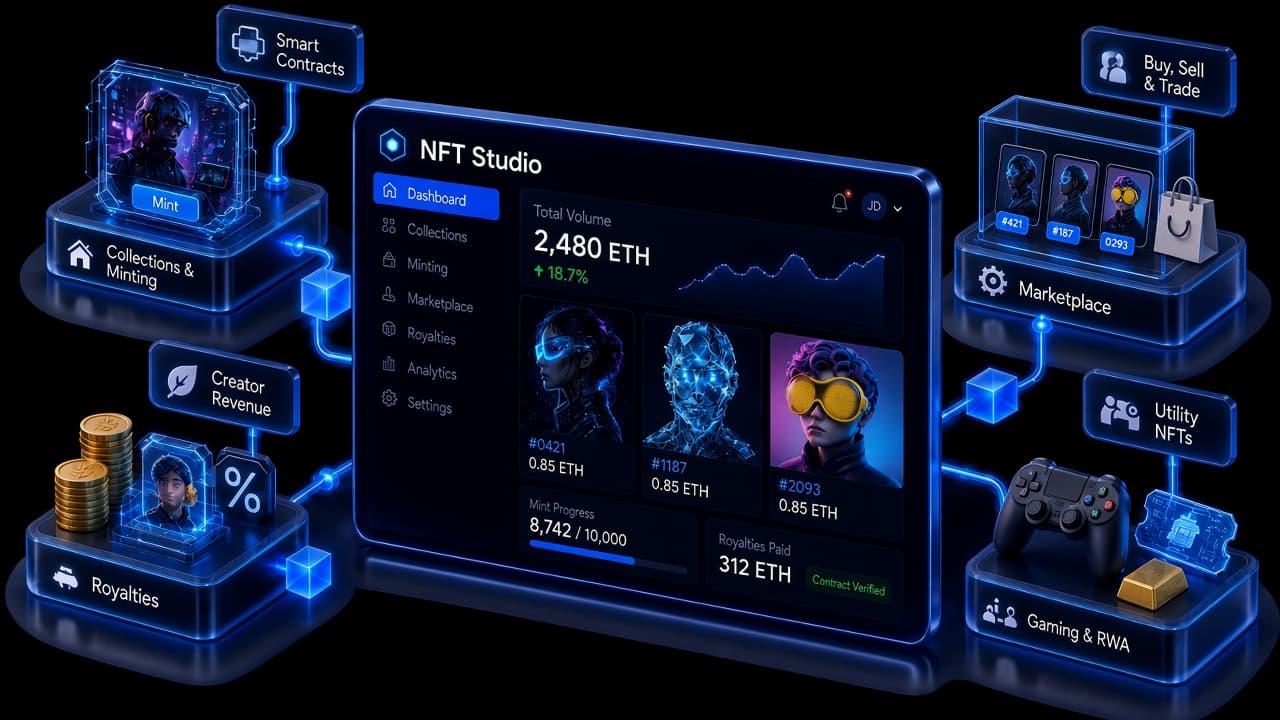 NFT studio dashboard connected to collection minting, creator royalties, marketplace trading and gaming and RWA utility NFTs