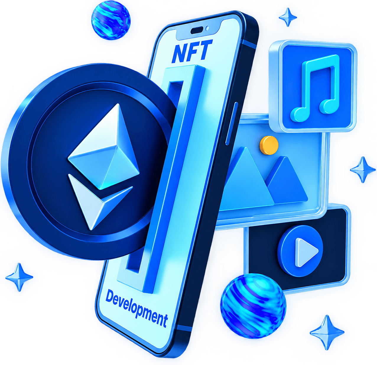 3D NFT development illustration with smartphone, Ethereum coin and digital asset tiles