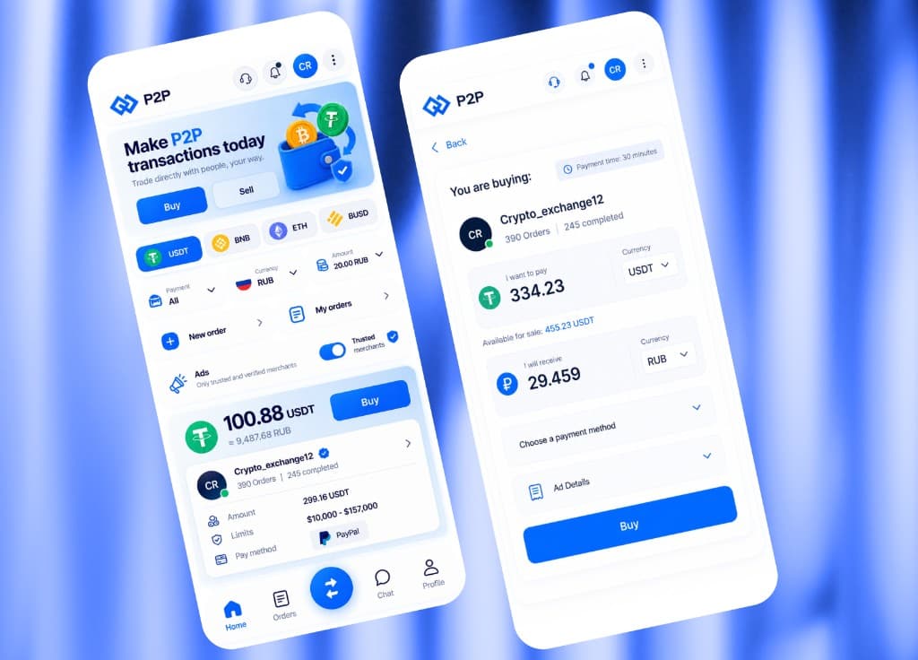P2P crypto exchange buy and sell screens on mobile