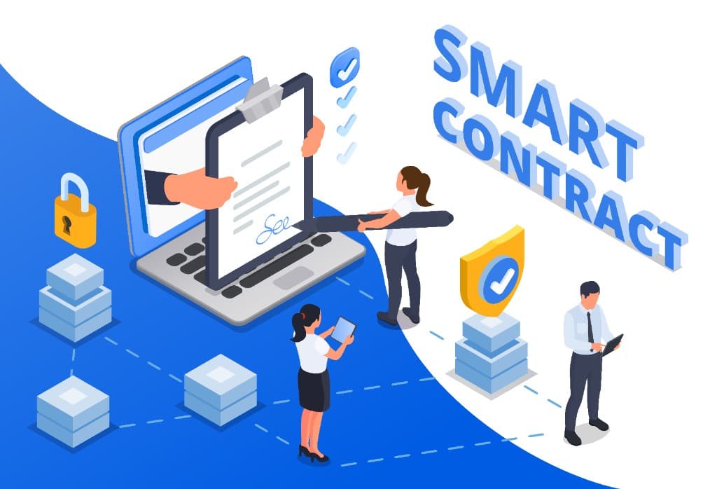 Isometric illustration of smart contract development: digital agreement, blockchain blocks, and security.