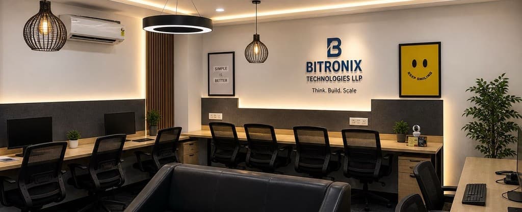 Bitronix Technologies LLP office with company branding, workstations and Think. Build. Scale. wall mark