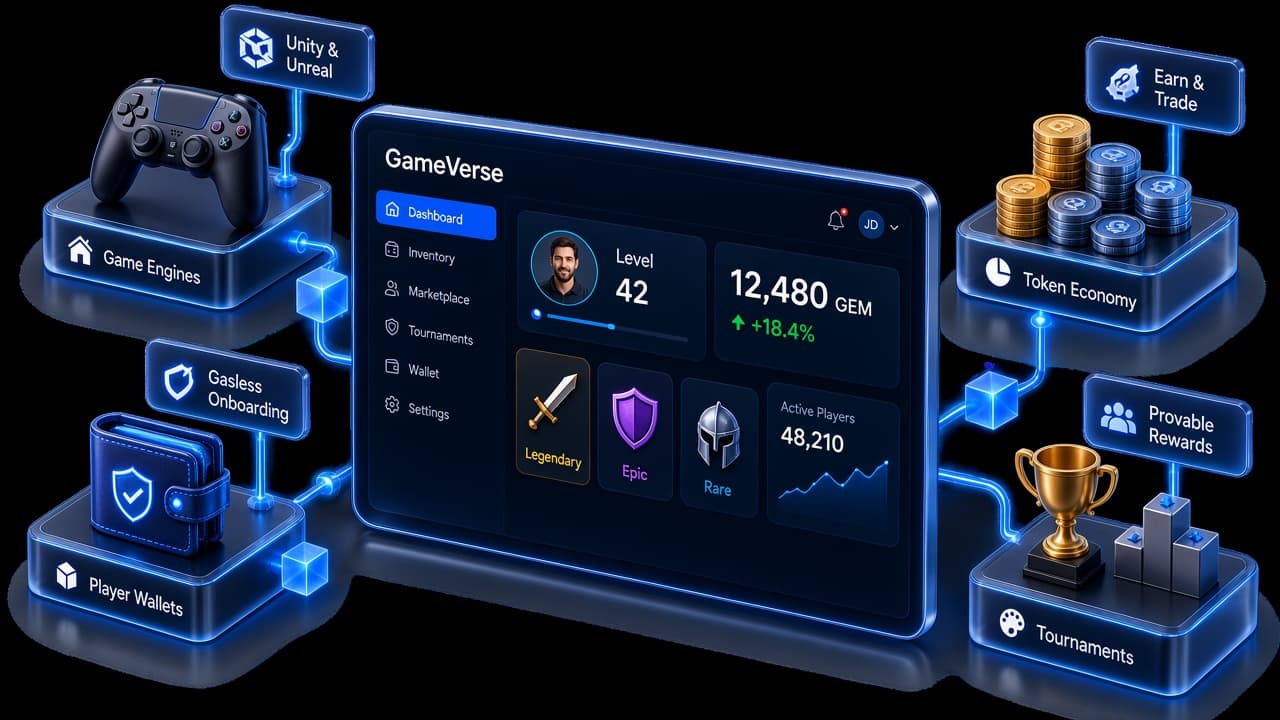 Web3 game dashboard connected to game engines, player wallets, token economy and tournament infrastructure