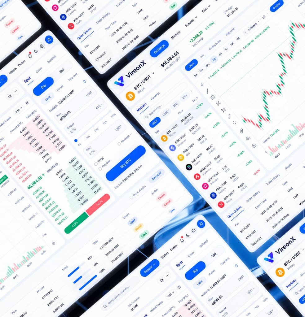 VireonX white label exchange UI showing markets, charts, order book and buy flow